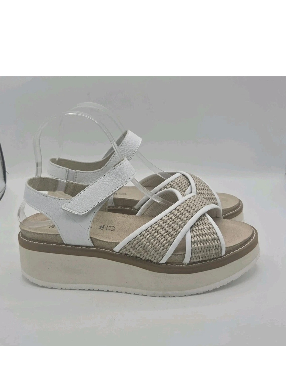 Naot Pavlova Platform Sandals White Leather Sand Raffia Womens Size 39 8